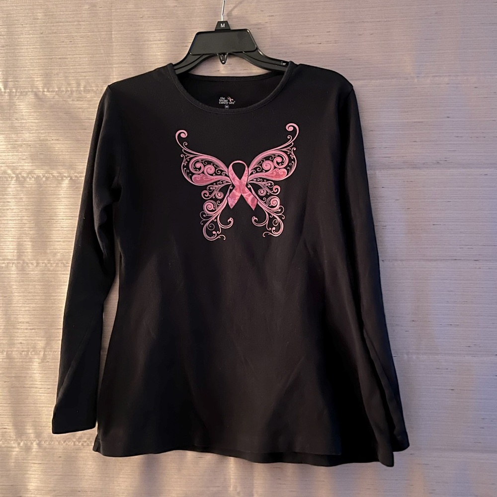 Breast cancer long sleeve black and pink butterfly shirt